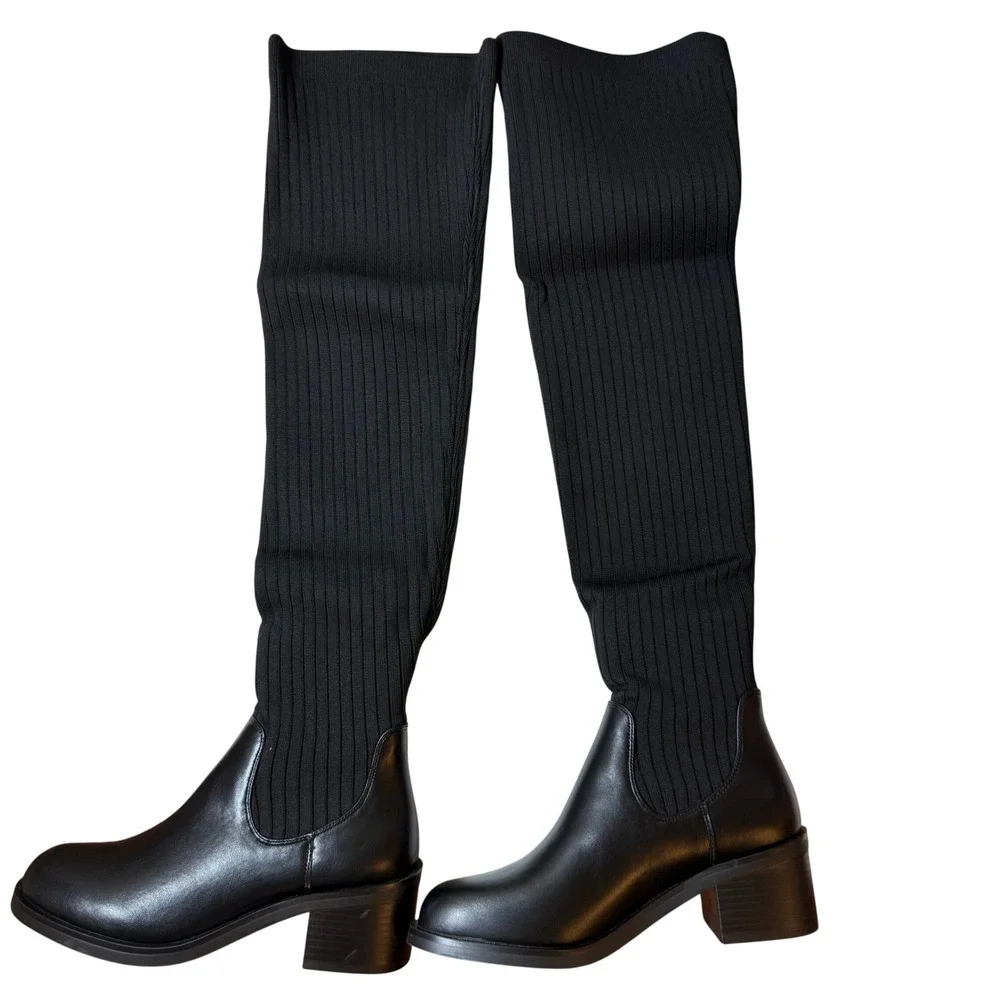 Current Mood Gia Black Thigh High Knit Sock Boots Block Heel Size 8 New in Box